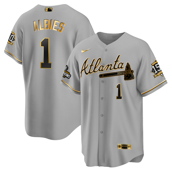 Men's Atlanta Braves #1 Ozzie Albies 2021 Grey/Gold World Series Champions With 150th Anniversary Patch Cool Base Stitched Jersey